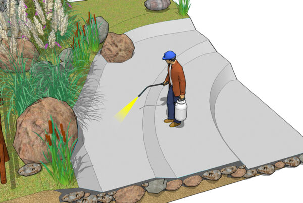 Acid etching a concrete pond surface with a muriatic acid solution to open pores before applying Pond Shield epoxy.