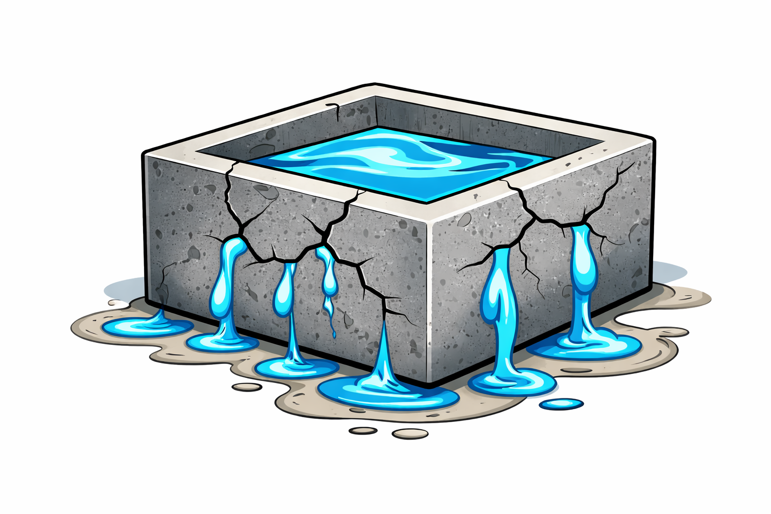 concrete pond leaking water through cracks before waterproof coating