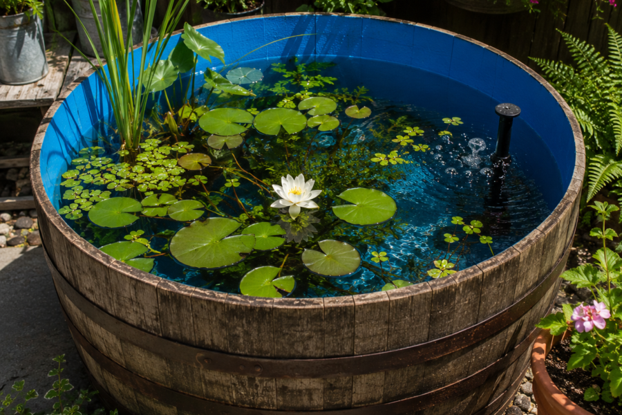 A small DIY half wine barrel patio pond with floating aquatic plants and a small water fountain.