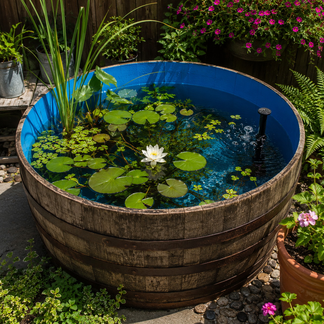 A small DIY half wine barrel patio pond with floating aquatic plants and a small water fountain.